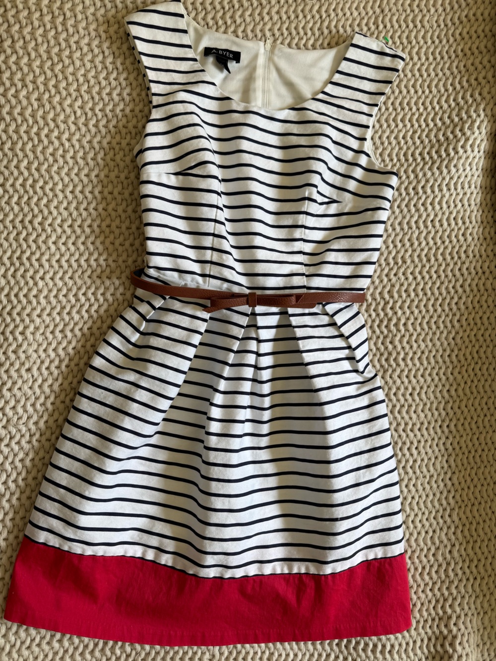 A. Byer Cotton Striped Sleeveless Nautical Dress with Brown Belt Size 3 Juniors